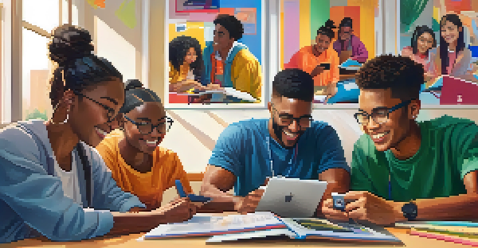 A group of diverse students using a mobile device for a video call in a cozy study room, displaying teamwork and collaboration.