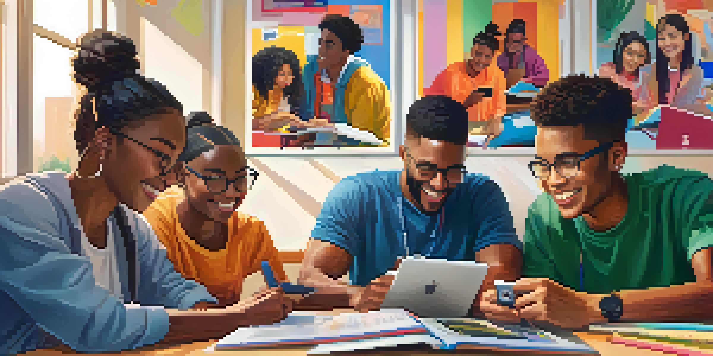A group of diverse students using a mobile device for a video call in a cozy study room, displaying teamwork and collaboration.