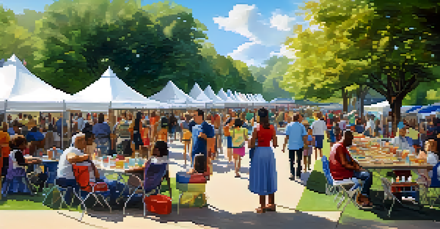 A lively community event in a park with diverse booths and people enjoying various activities.