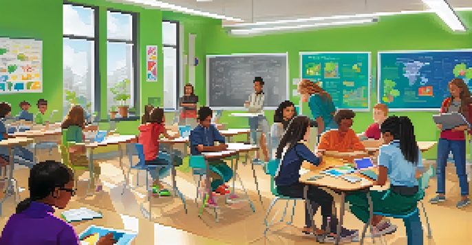 A vibrant classroom with diverse students using technology and collaborating on projects, surrounded by educational materials.