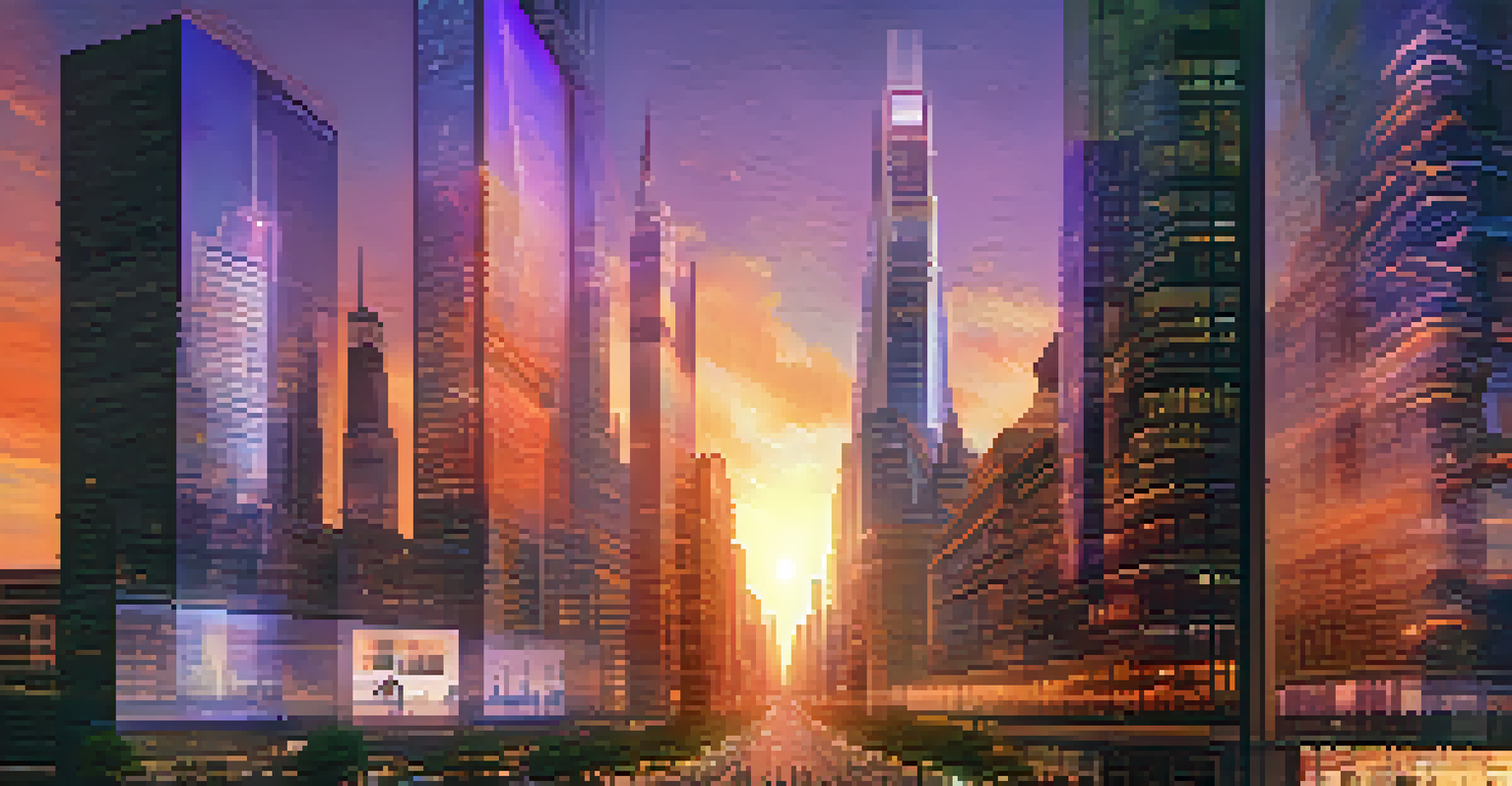 A futuristic city at sunset with digital overlays illustrating the history and future of buildings, under a colorful sky.