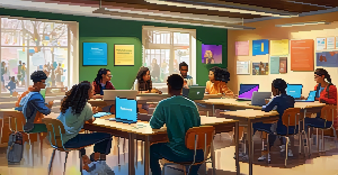 A classroom scene showing students using laptops and collaborating in groups, with educational posters on the walls and warm lighting.