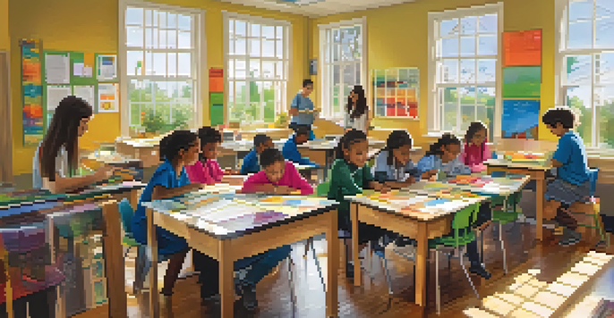 A diverse group of students collaborating in a colorful classroom, working on a community garden project with bright natural light.
