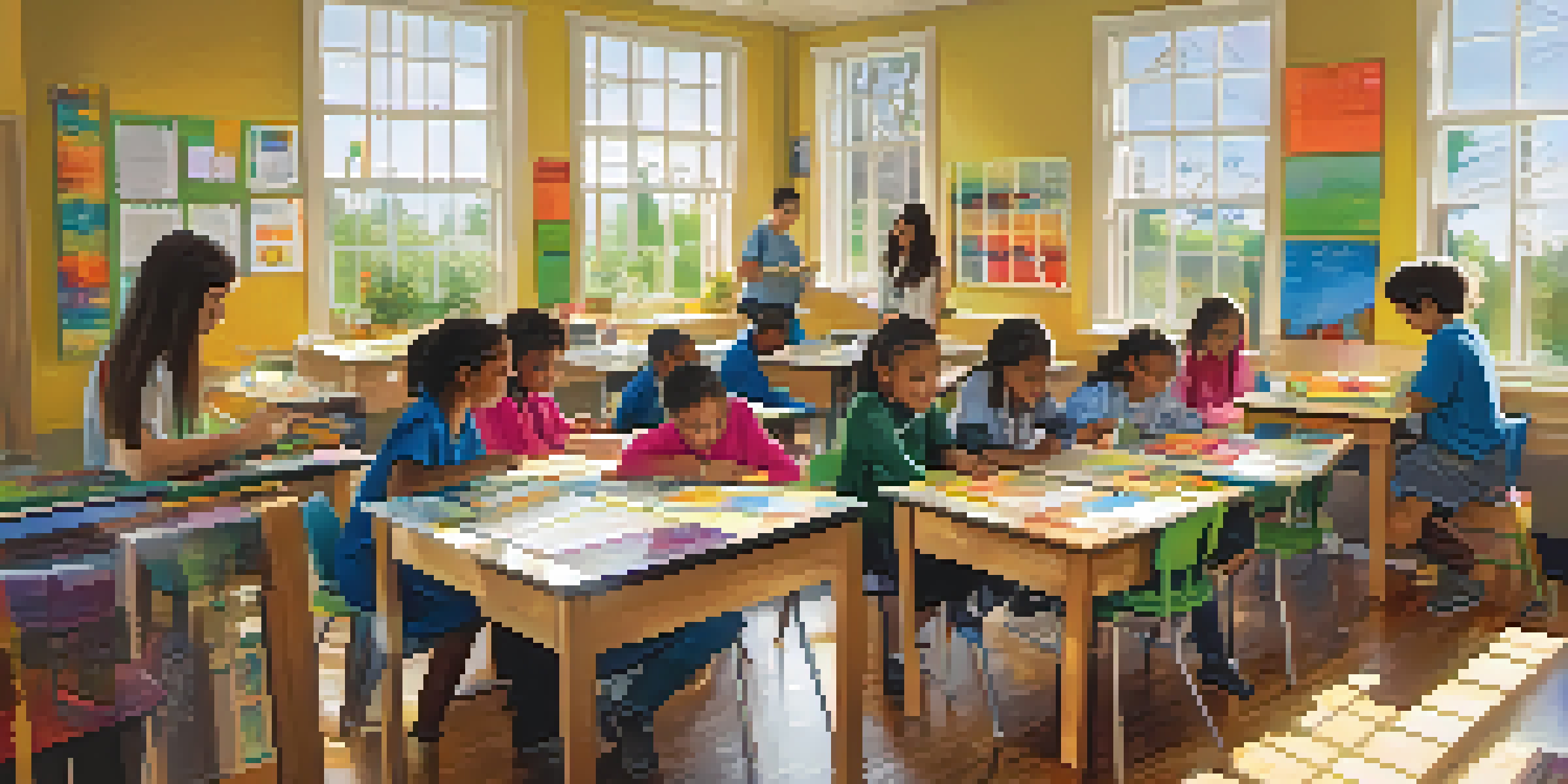 A diverse group of students collaborating in a colorful classroom, working on a community garden project with bright natural light.