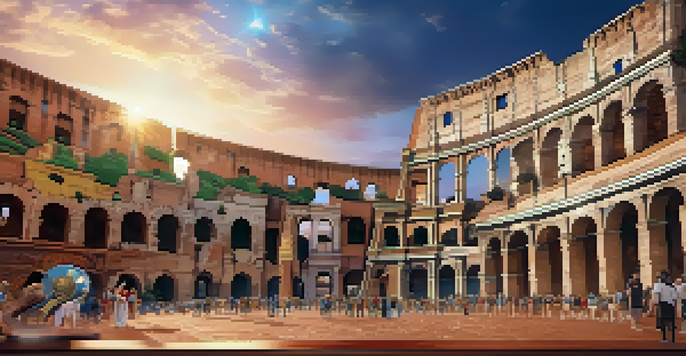 Students in a virtual reality classroom wearing headsets, exploring a digital ancient Rome with a colorful Colosseum in the background.
