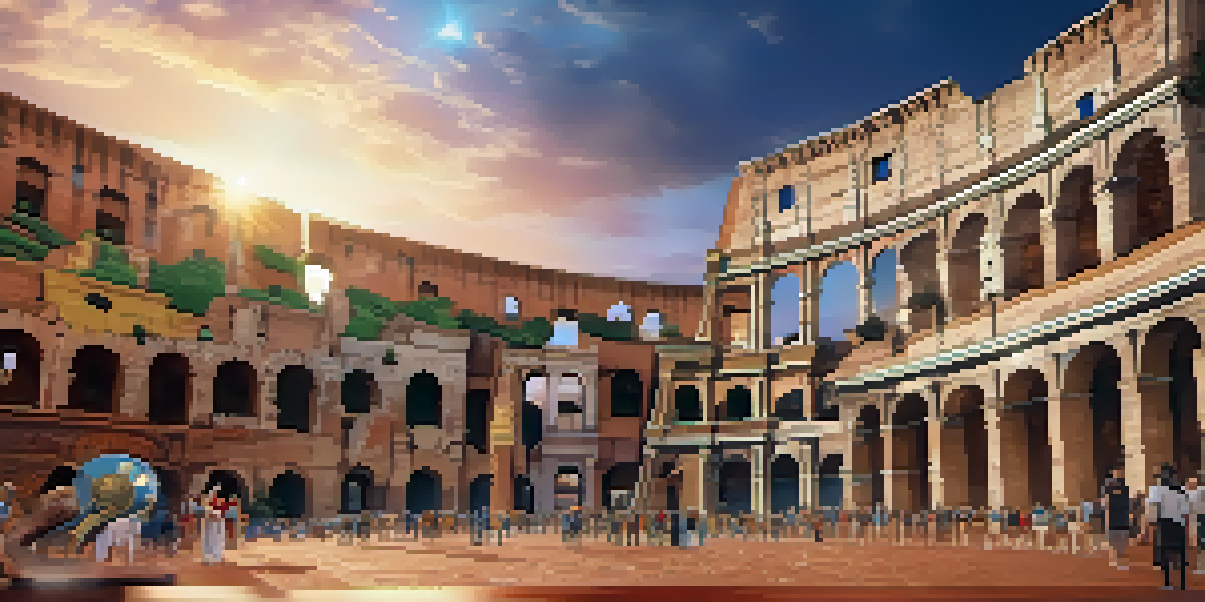 Students in a virtual reality classroom wearing headsets, exploring a digital ancient Rome with a colorful Colosseum in the background.