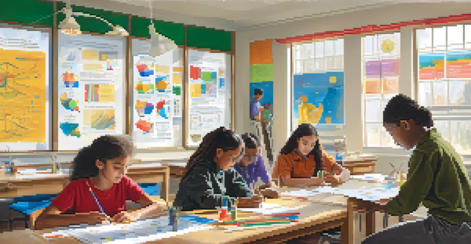 A lively classroom filled with students of different backgrounds engaging in visual projects, discussions, and hands-on experiments, with sunlight filtering through the windows.