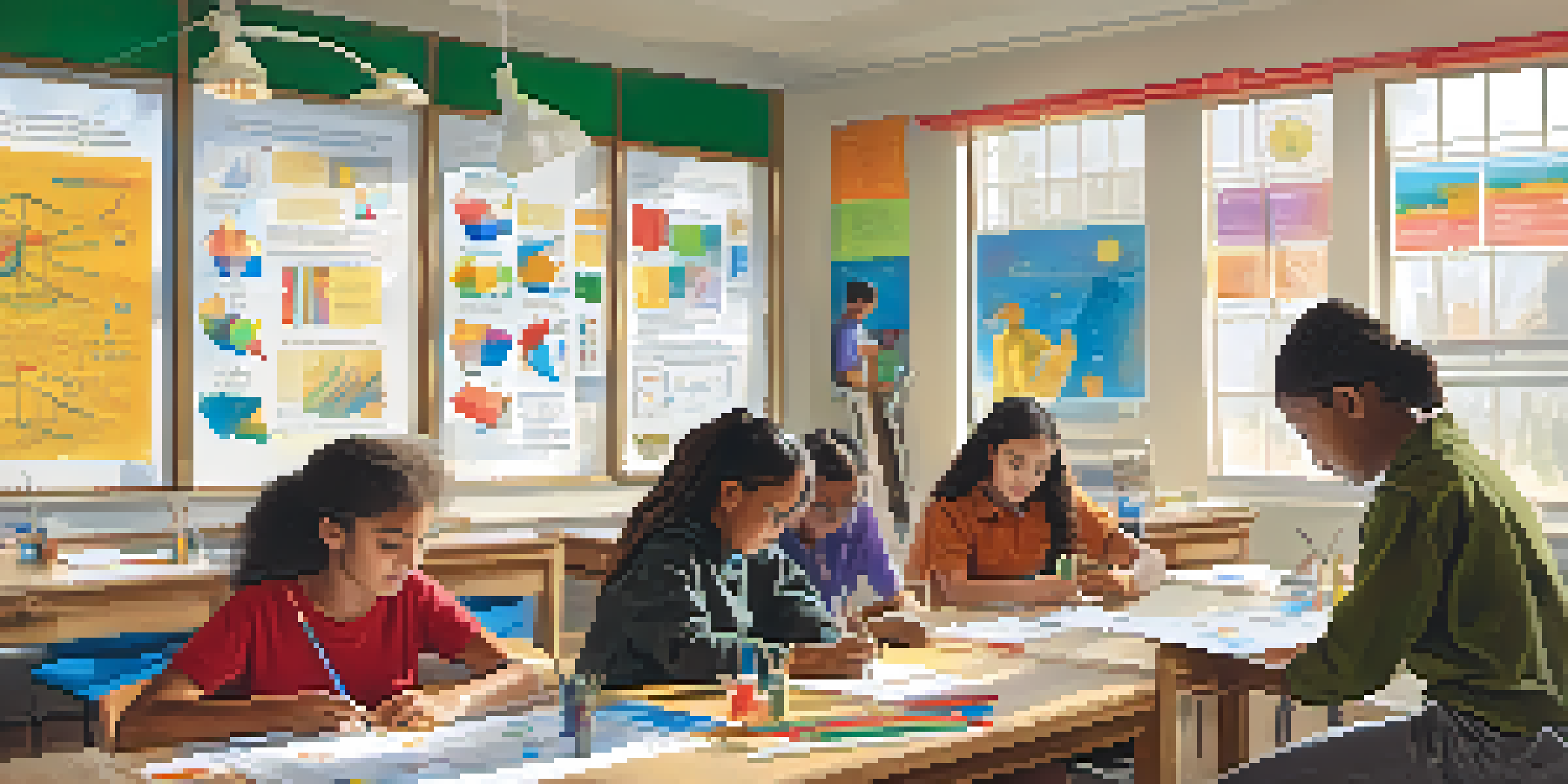 A lively classroom filled with students of different backgrounds engaging in visual projects, discussions, and hands-on experiments, with sunlight filtering through the windows.
