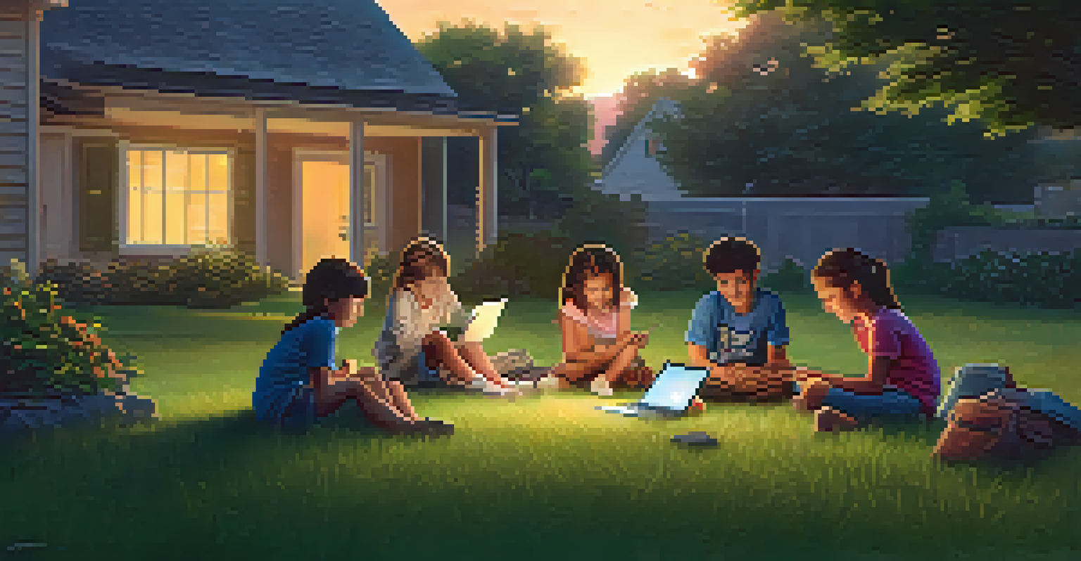 Children in a rural neighborhood sitting on grass with laptops, collaborating on a project, with a warm sunset in the background.