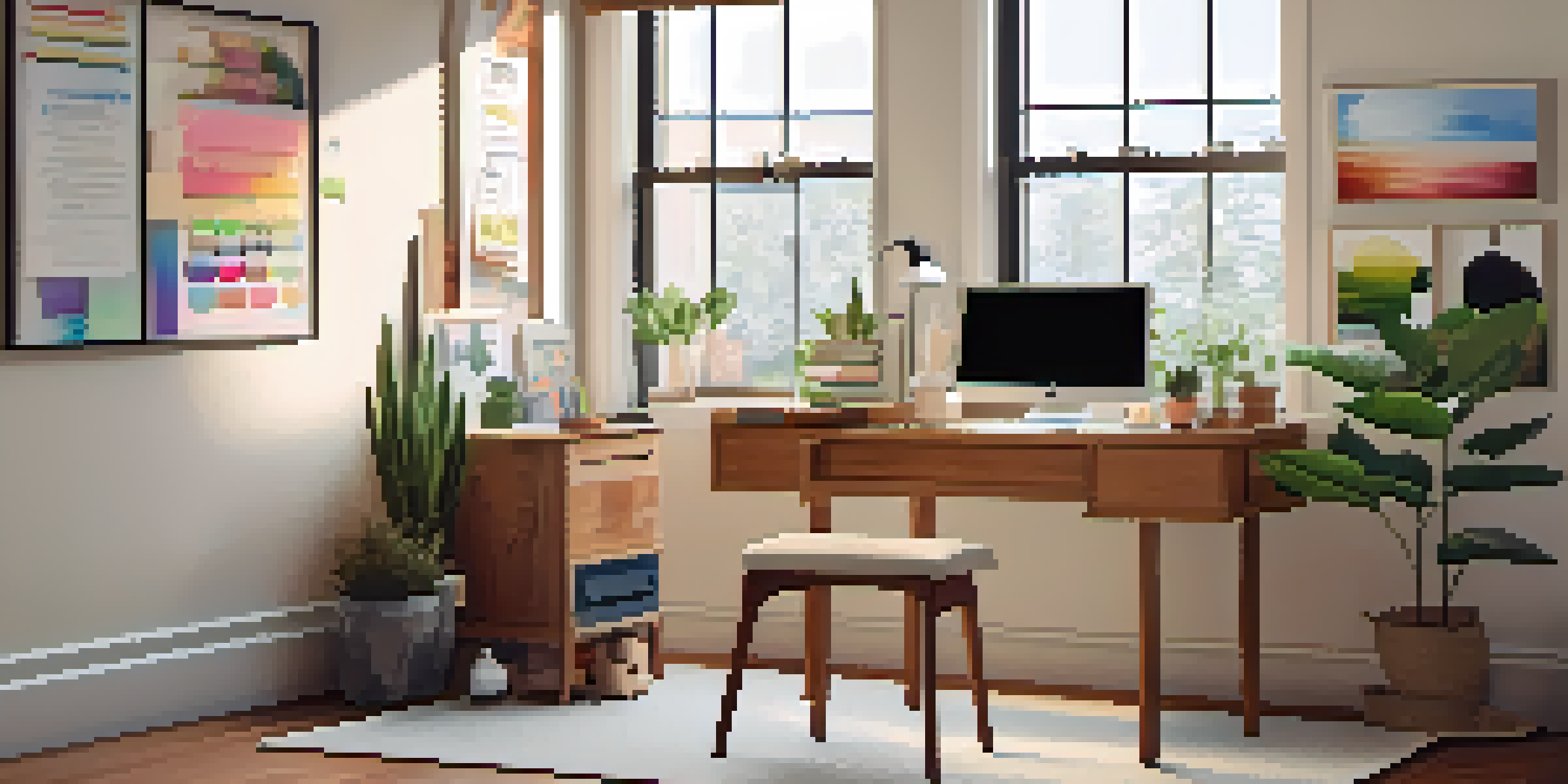 A bright and inviting home study area with a desk, laptop, and motivational decor, bathed in natural light.