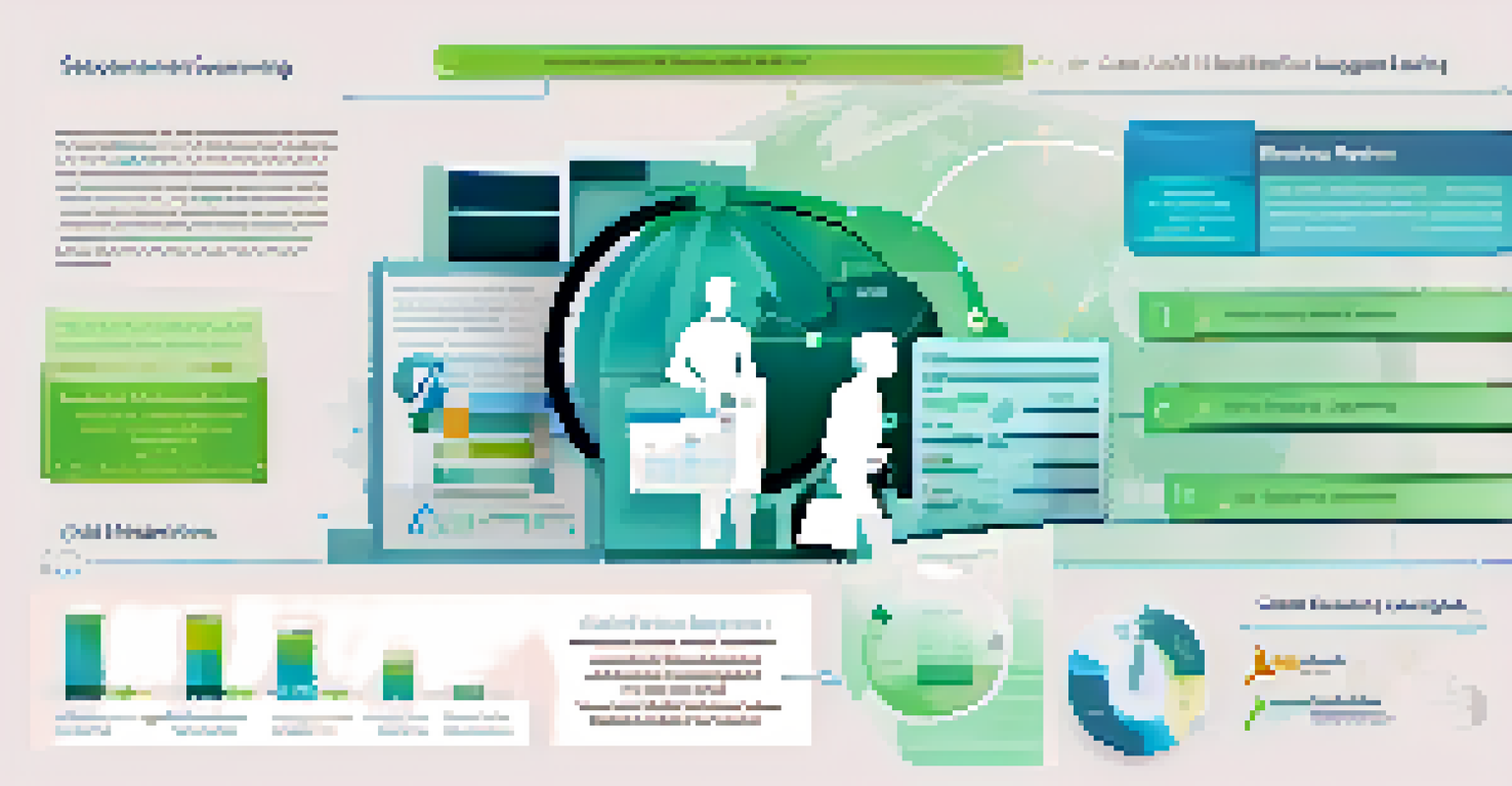 An infographic illustrating learning analytics in adult education, with graphs and charts on a digital dashboard in a blue and green gradient background.