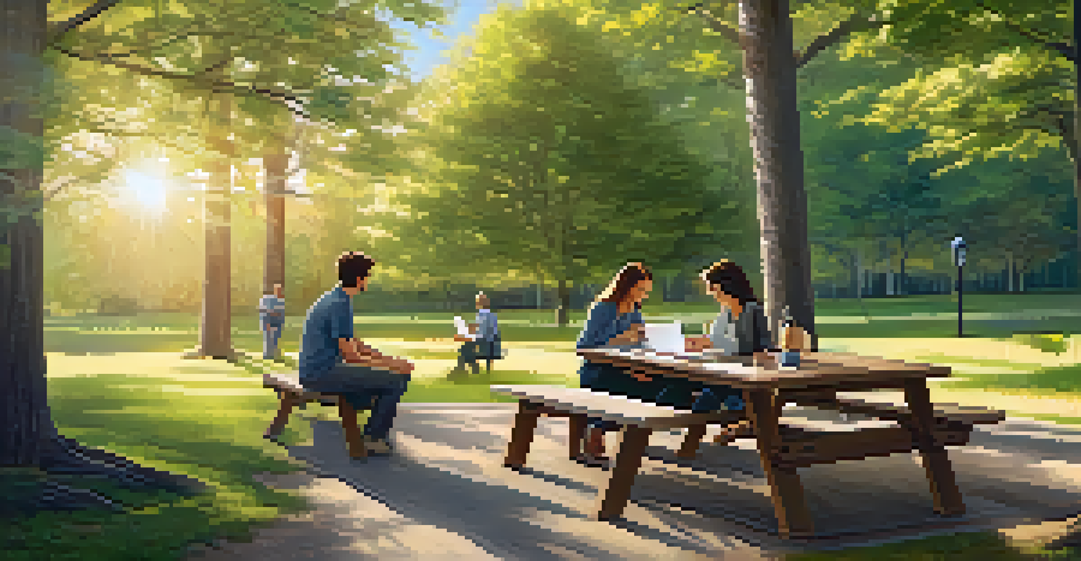 A small team conducting an outdoor feedback session at a picnic table surrounded by nature.