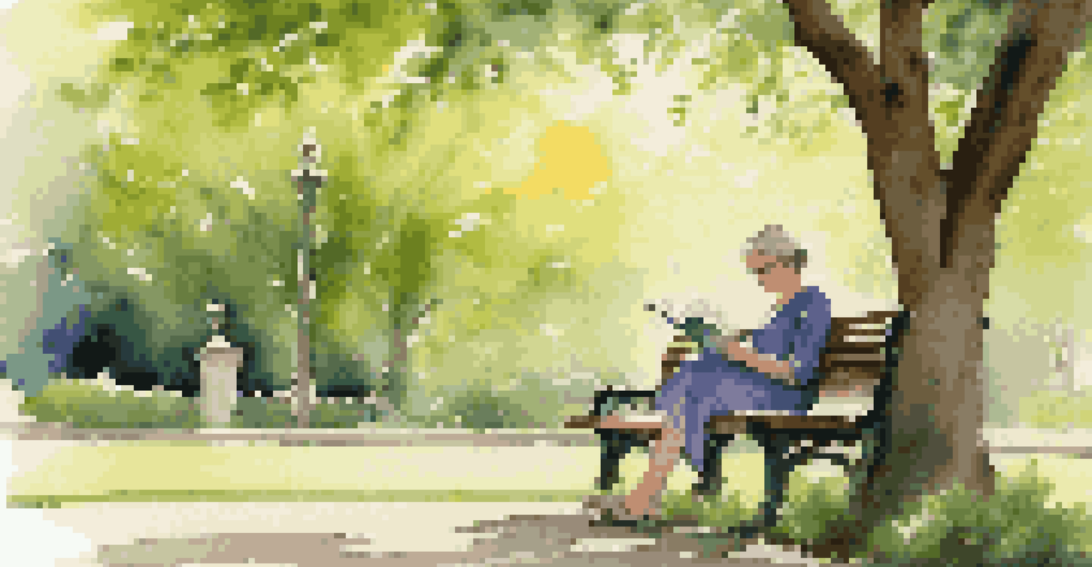 An adult learner reading a foreign language book on a park bench, surrounded by blooming flowers and trees in a serene natural setting.