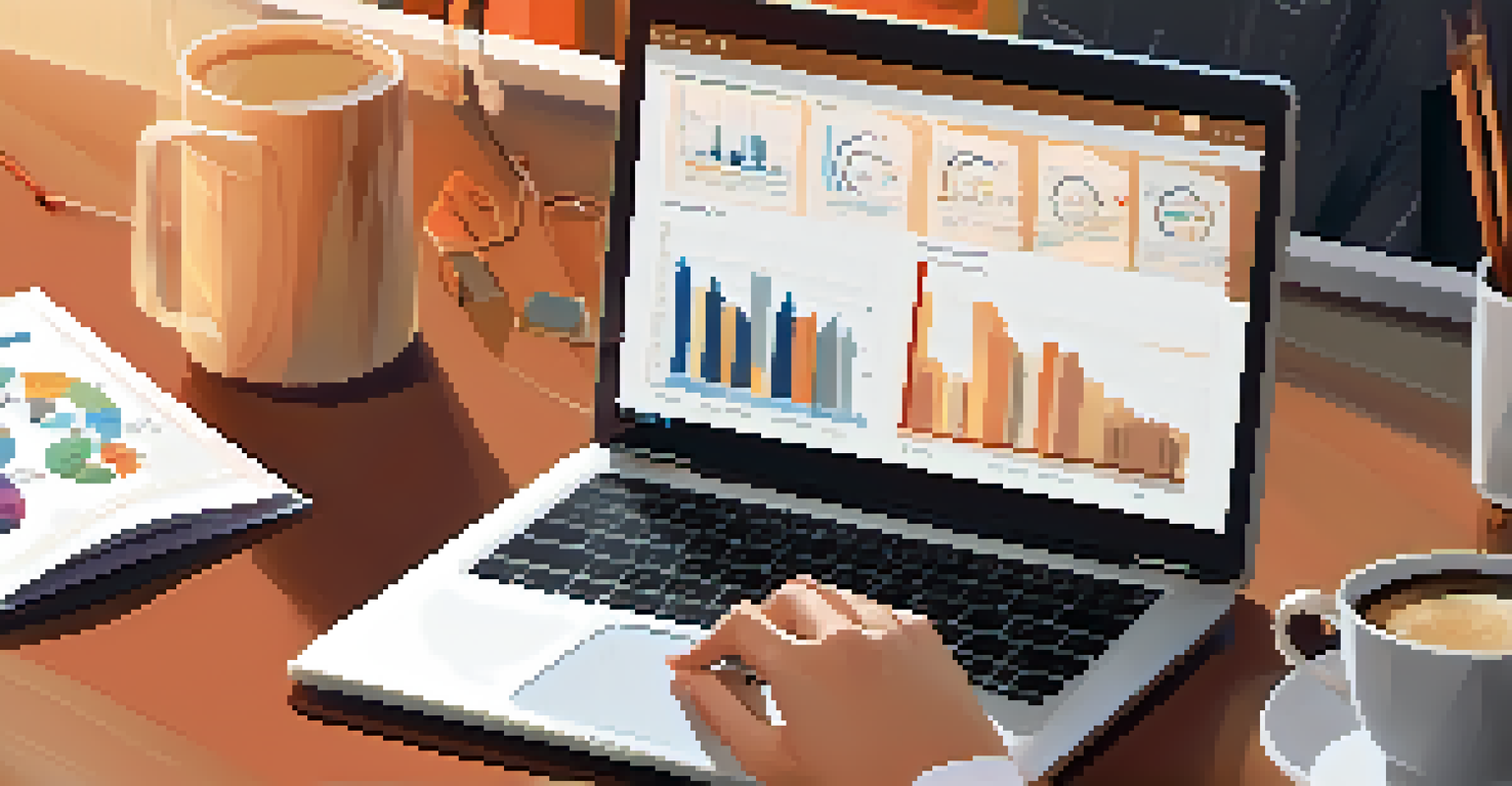 A close-up of hands typing on a laptop displaying charts, in a cozy workspace with a coffee cup and notebook.