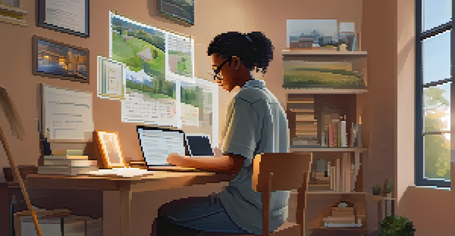 A student at home watching educational videos on a laptop, with a notebook and pen in a cozy, well-lit room.