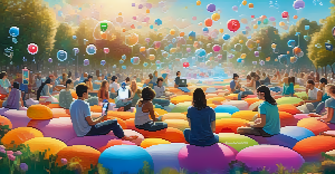 A colorful digital landscape showing diverse people interacting through social media, with floating icons and communication bubbles.