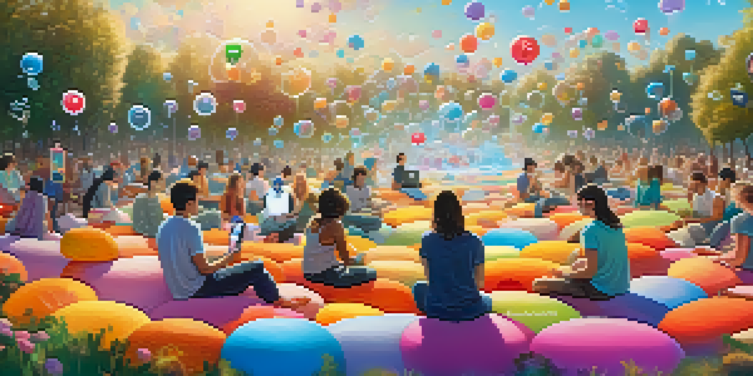 A colorful digital landscape showing diverse people interacting through social media, with floating icons and communication bubbles.