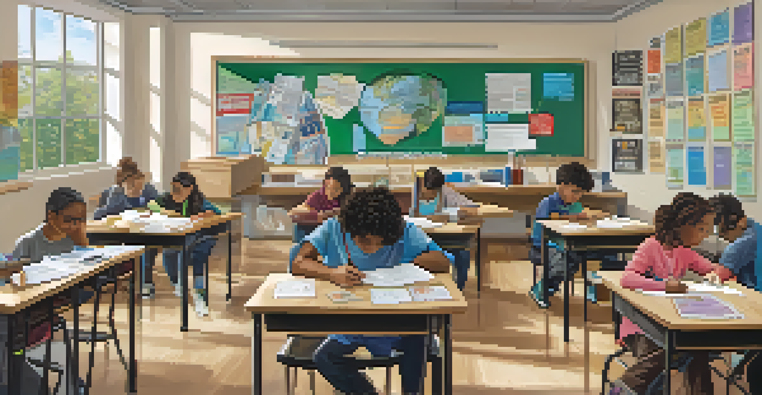 Students in a classroom collaborating on a service learning project, surrounded by educational posters and brainstorming together.