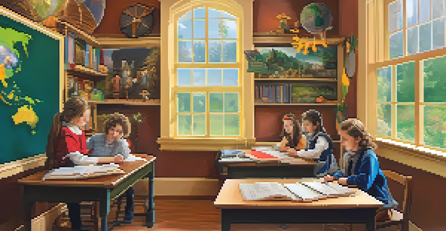 A classroom corner filled with props and costumes for role-playing activities, where students are engaged in creative discussions about history.