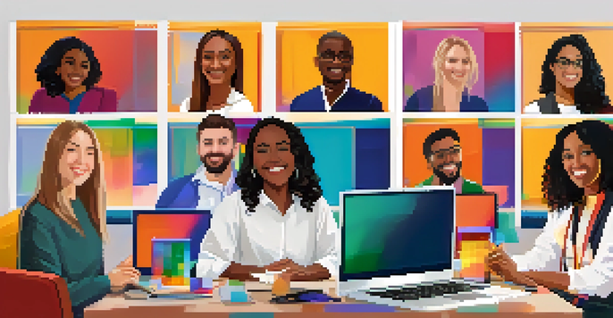 A diverse group of students engaged in a video conference, smiling and interacting in a warm and welcoming atmosphere.