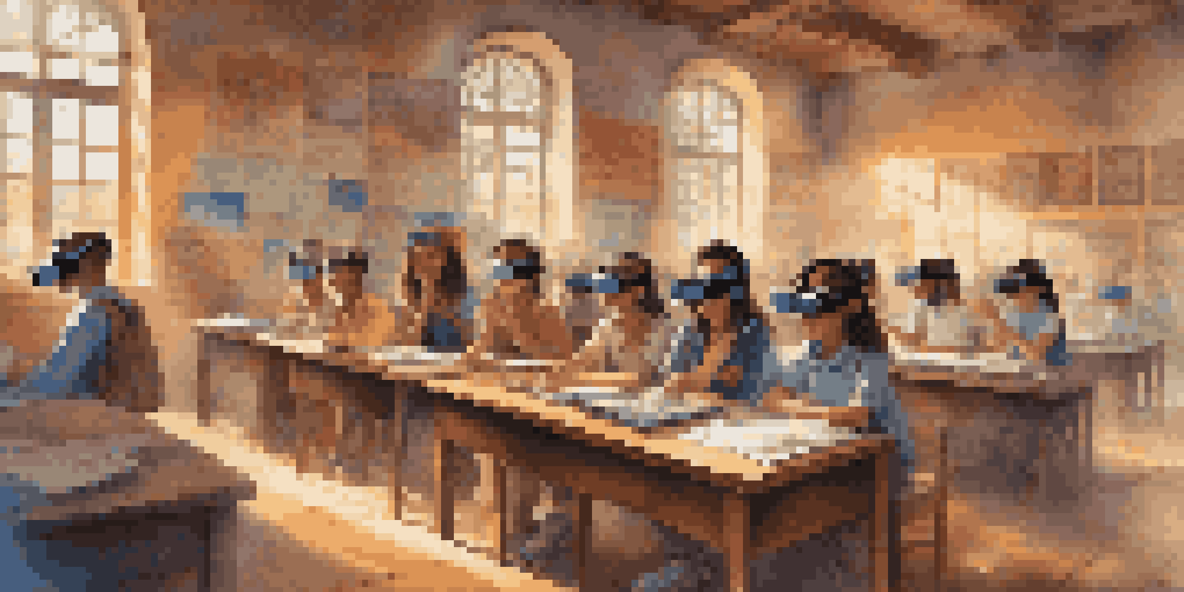 A classroom with students wearing virtual reality headsets, exploring an ancient city in a historical simulation.