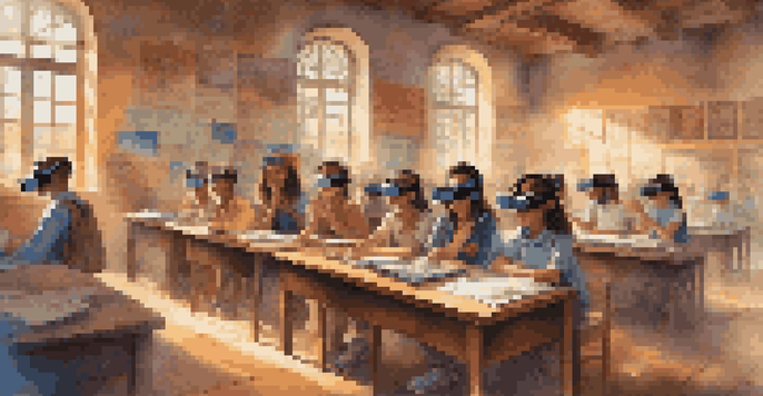 A classroom with students wearing virtual reality headsets, exploring an ancient city in a historical simulation.
