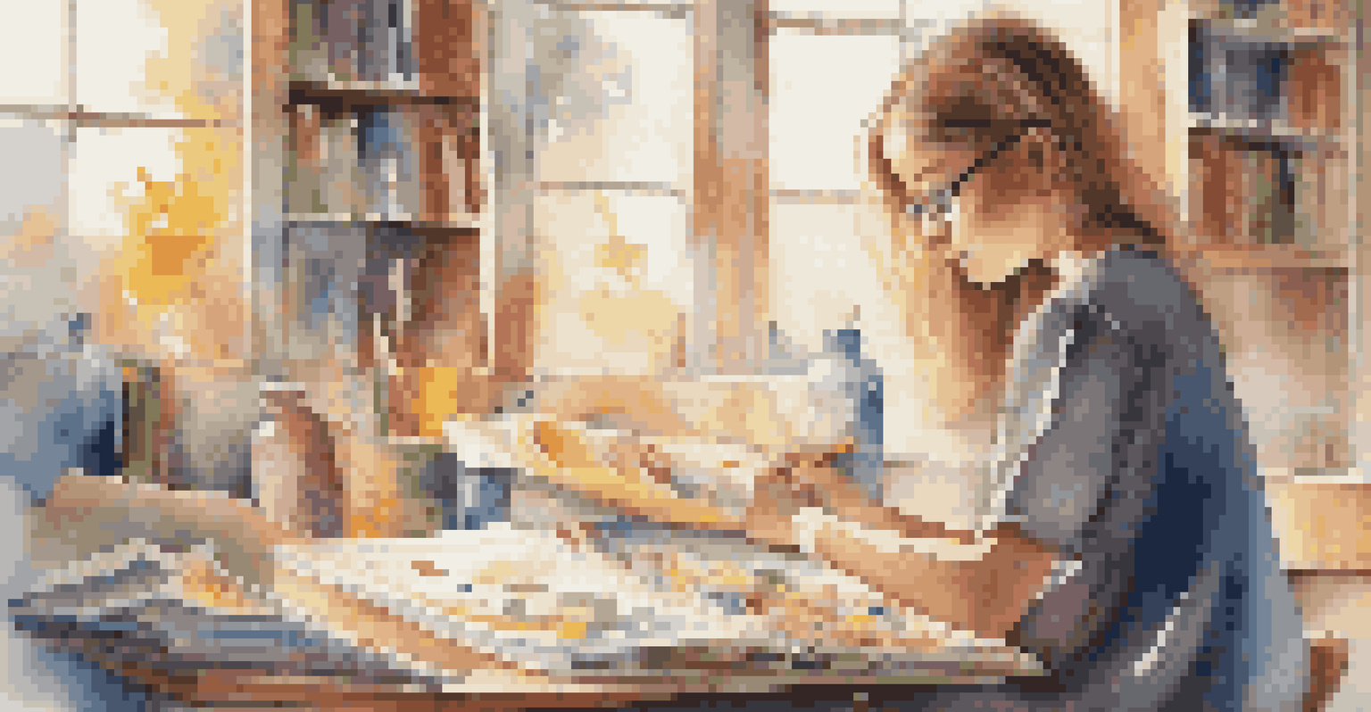 A student painting an abstract canvas in a cozy study space, surrounded by books and art supplies, with natural light coming through a window.