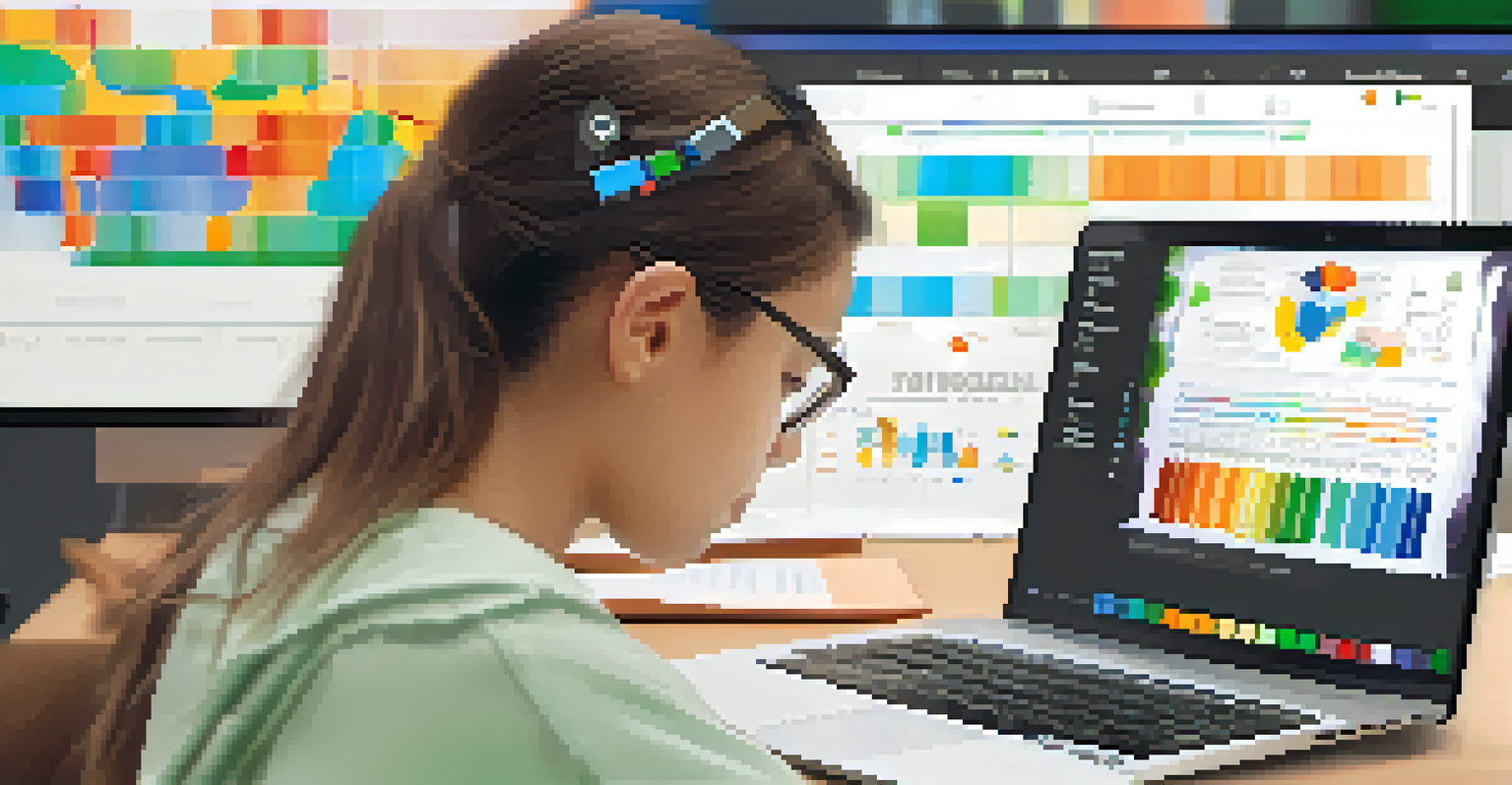 A close-up of a student analyzing personalized learning paths on a laptop, with colorful graphs and progress bars visible on the screen.