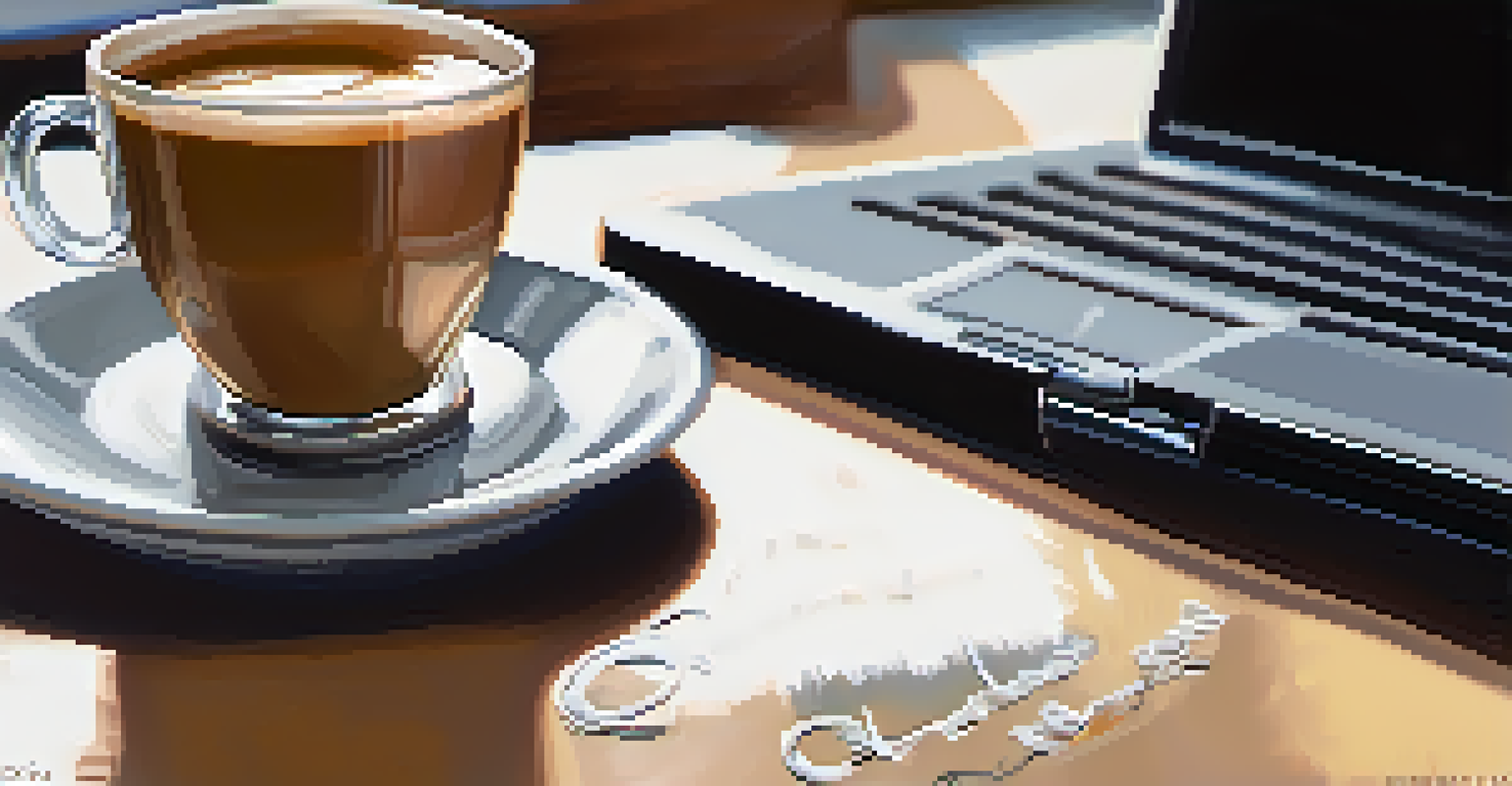 A close-up of a hand writing in a journal with a coffee cup and laptop in the blurred background.