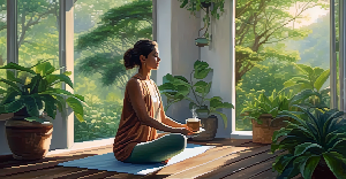 A woman practicing yoga on a deck surrounded by greenery with a cup of tea beside her, in a tranquil morning setting.