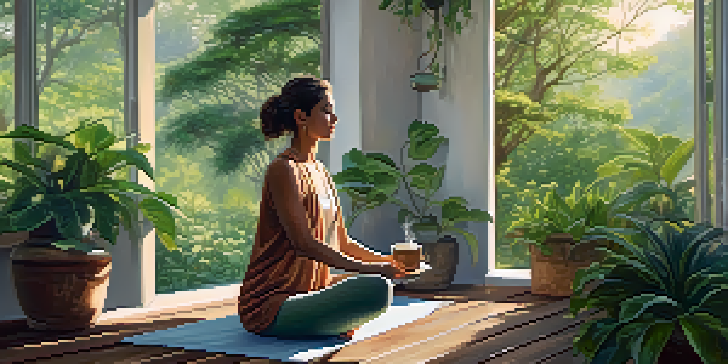 A woman practicing yoga on a deck surrounded by greenery with a cup of tea beside her, in a tranquil morning setting.