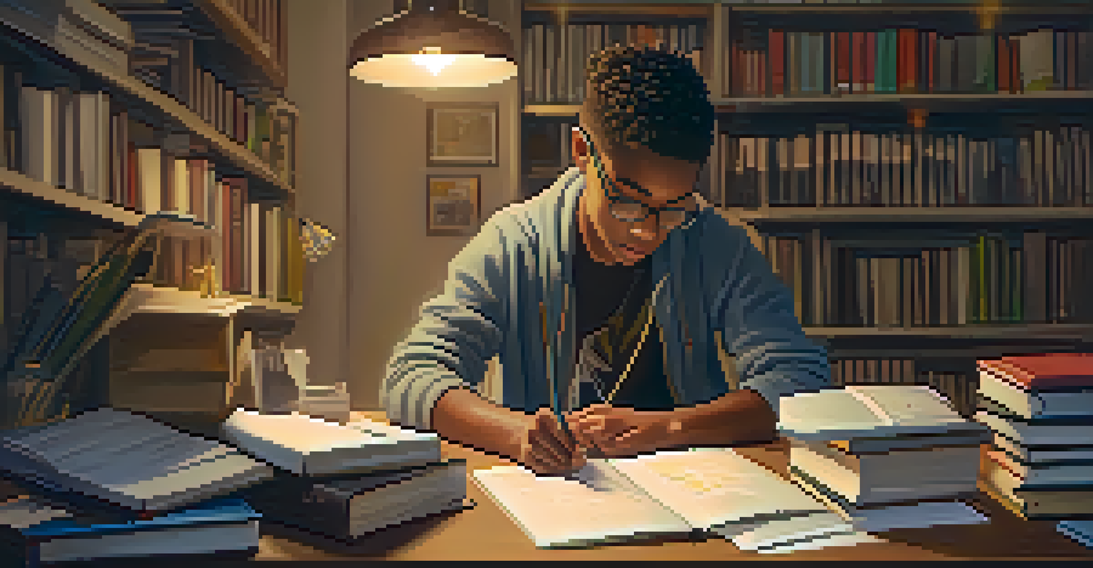 A focused student at a desk with a laptop, books, and notes in a warm, cozy study environment with a motivational quote on the wall.