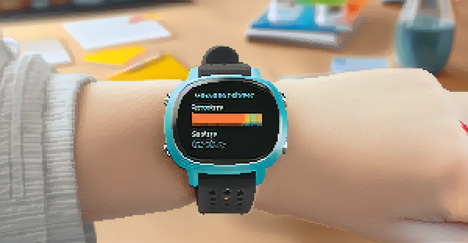 A close-up view of a fitness tracker on a student's wrist, showing data about their physical activity in a classroom environment.