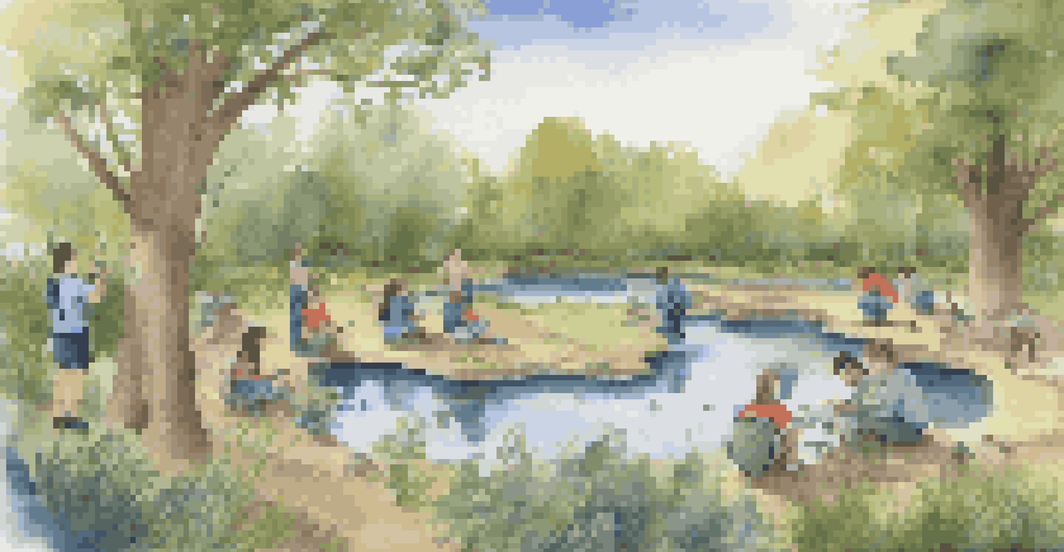 Students outdoors examining a pond, using tools to study plants and animals in a natural environment.