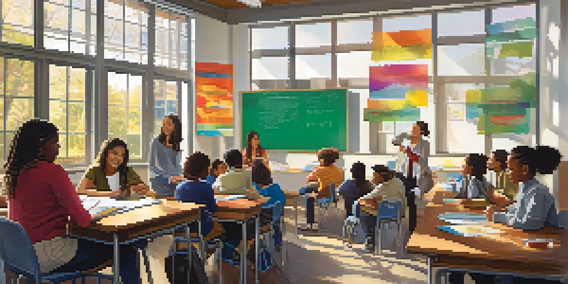 A vibrant classroom with diverse students working together on a project, illuminated by sunlight from large windows.