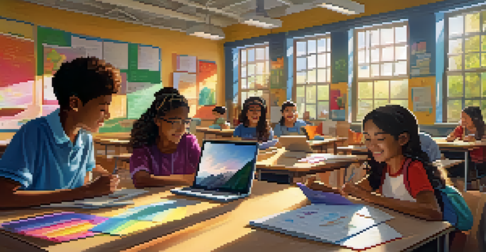 A classroom filled with students working on digital storytelling projects with laptops and tablets, guided by a teacher, under bright sunlight.