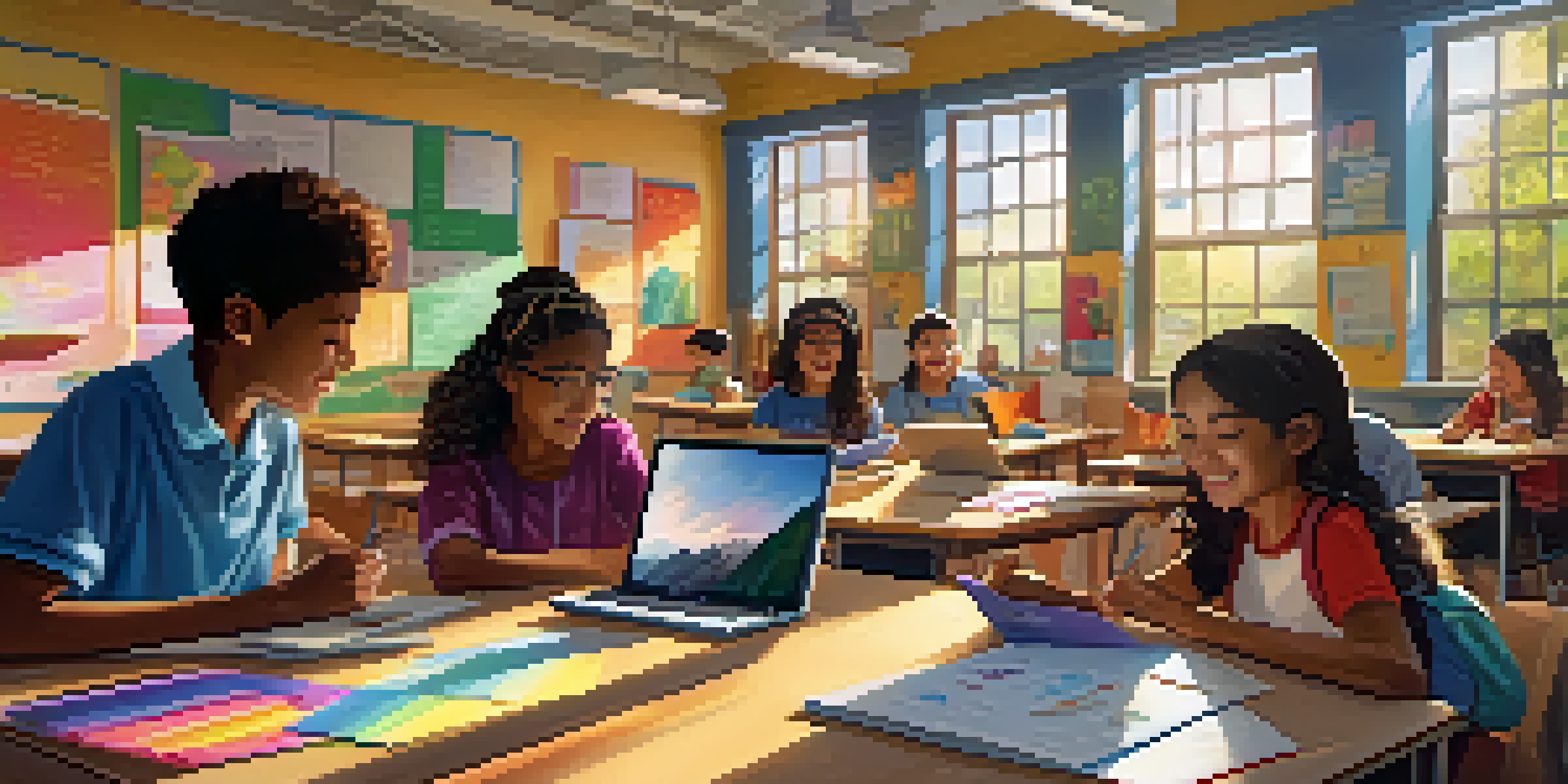 A classroom filled with students working on digital storytelling projects with laptops and tablets, guided by a teacher, under bright sunlight.