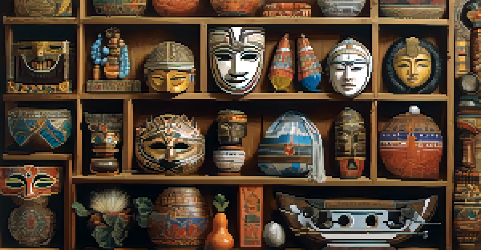 A detailed collage of cultural symbols like masks, textiles, and instruments, arranged on a wooden background to showcase cultural diversity.