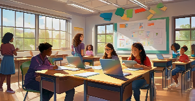 A colorful classroom with students engaging in blended learning activities, including group discussions and independent study.
