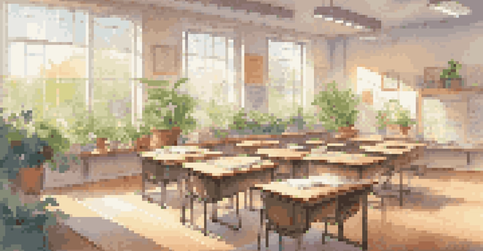 A bright and peaceful classroom with organized desks and natural light, featuring plants and calming colors.