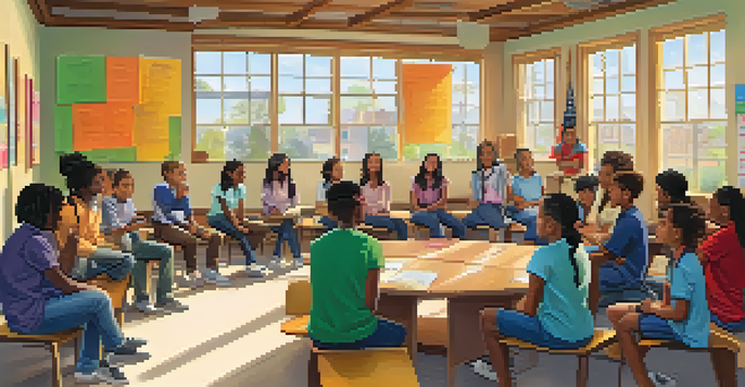 A colorful classroom with diverse students engaging in a group discussion, led by a teacher, with natural light coming through windows.