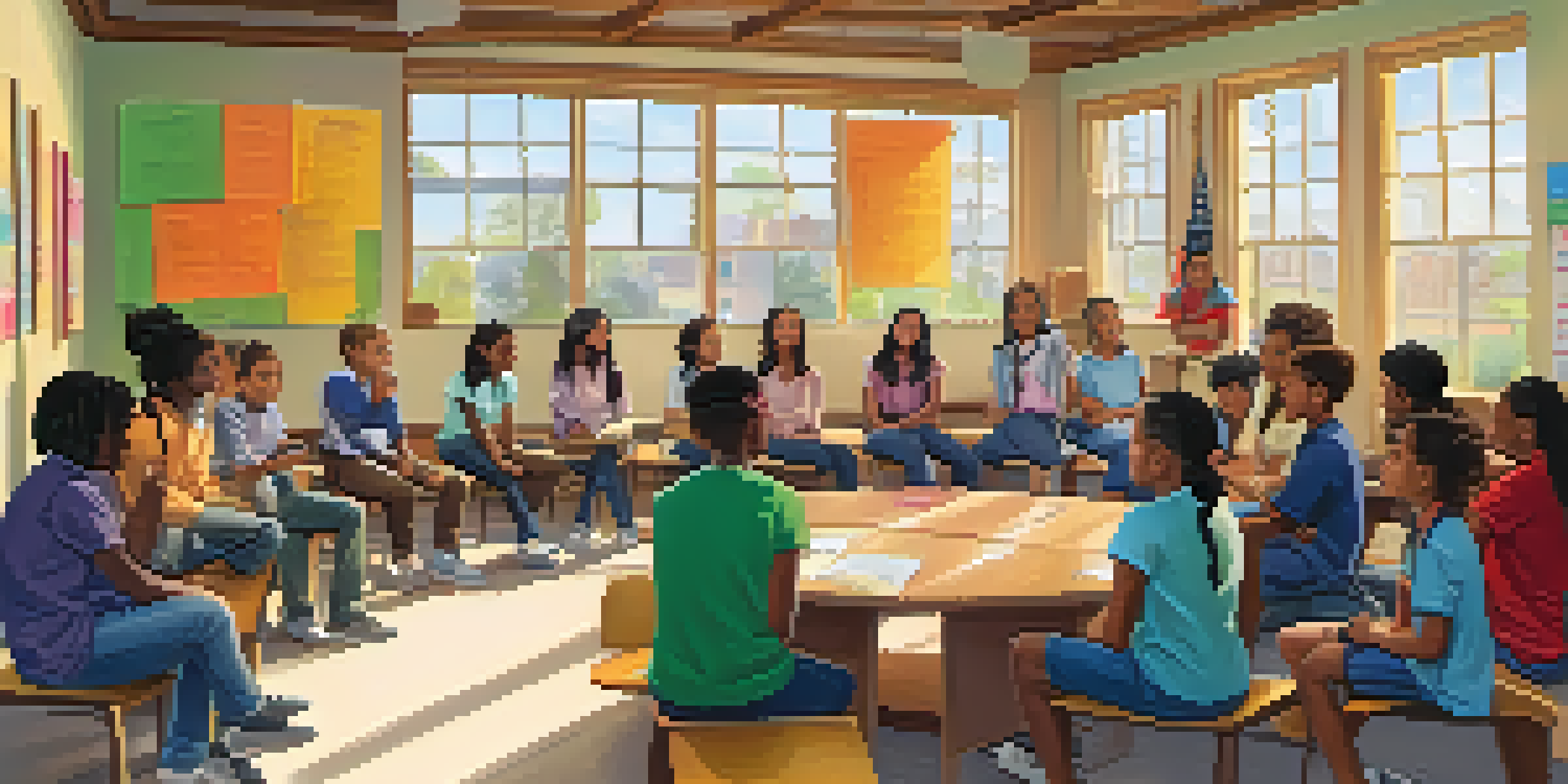 A colorful classroom with diverse students engaging in a group discussion, led by a teacher, with natural light coming through windows.