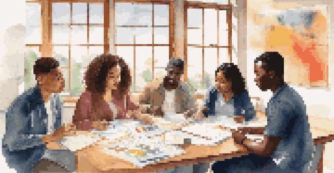 A diverse group of students working together on a crisis management plan, surrounded by colorful materials and sunlight.