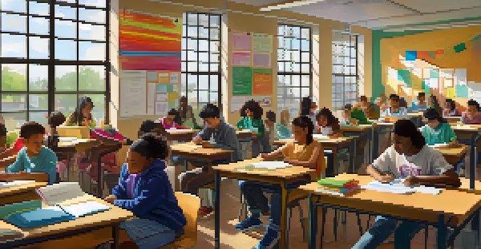 A lively classroom with students using digital devices and traditional materials, illuminated by sunlight, engaging in collaborative learning.