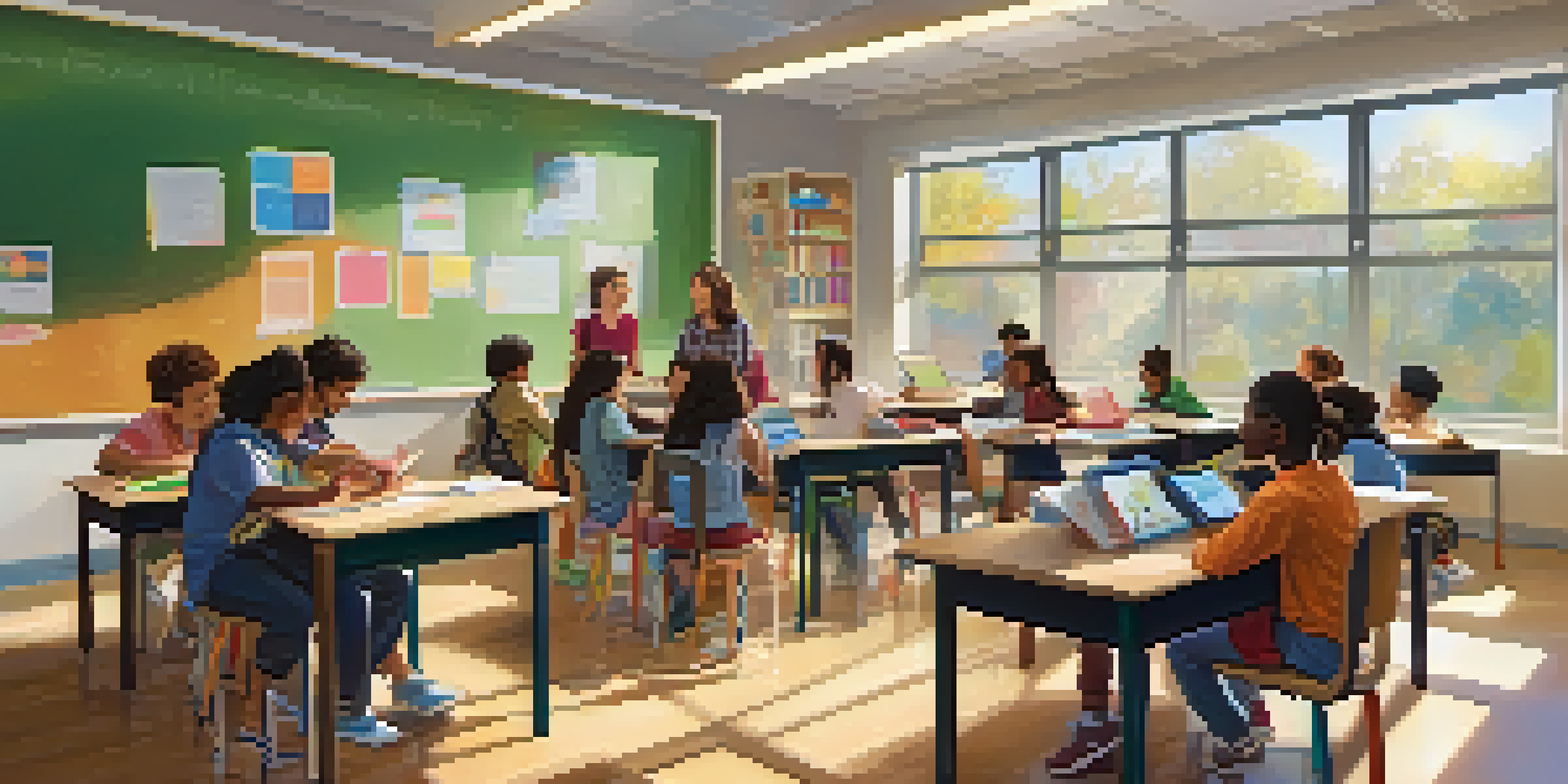 A vibrant classroom with a teacher helping students use personalized learning tools, with colorful posters and natural light.
