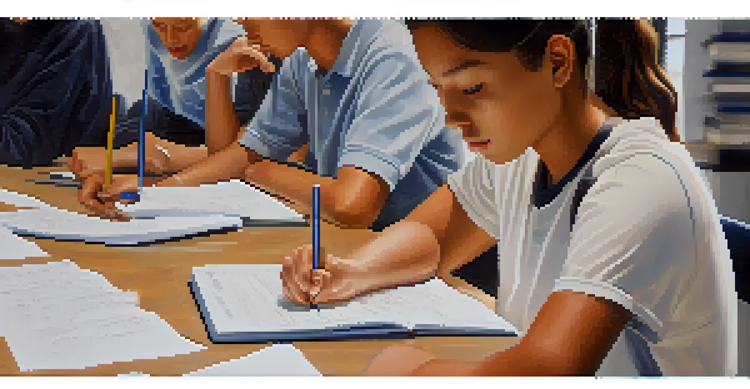 A close-up of a student's hands writing on a notepad while classmates discuss their work during a peer assessment session, highlighting collaboration.