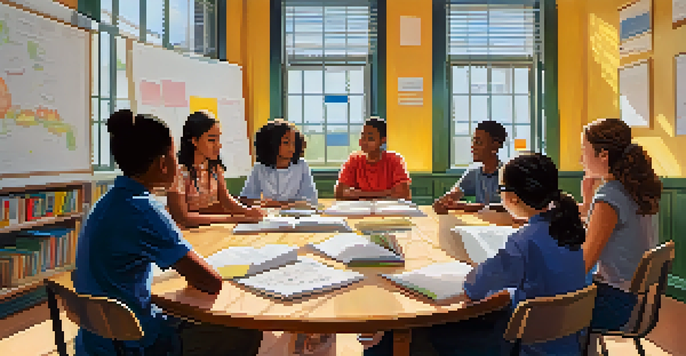 A bright classroom with a diverse group of students and a teacher engaged in a mentoring session, surrounded by educational materials and natural light.