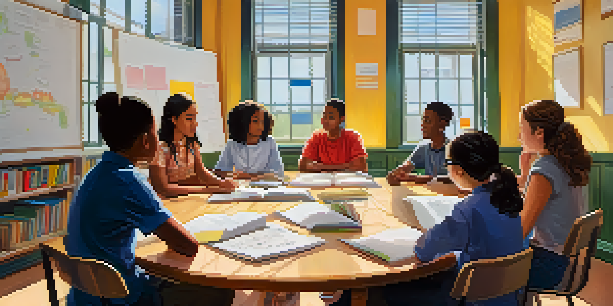 A bright classroom with a diverse group of students and a teacher engaged in a mentoring session, surrounded by educational materials and natural light.