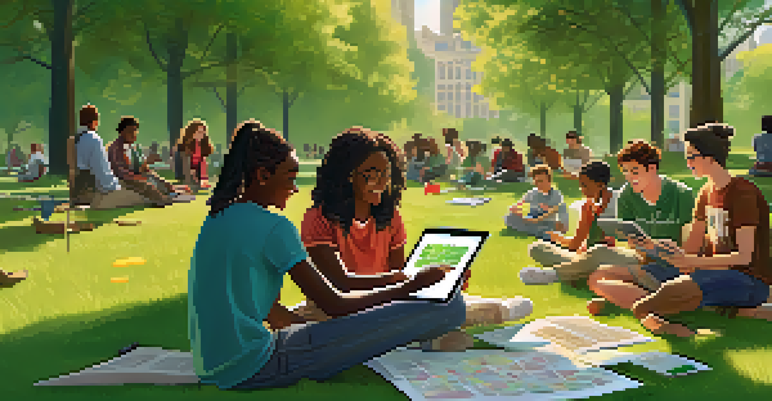 A diverse group of college students working together outdoors with mobile devices, laughing and sharing ideas on a picnic blanket in a park.