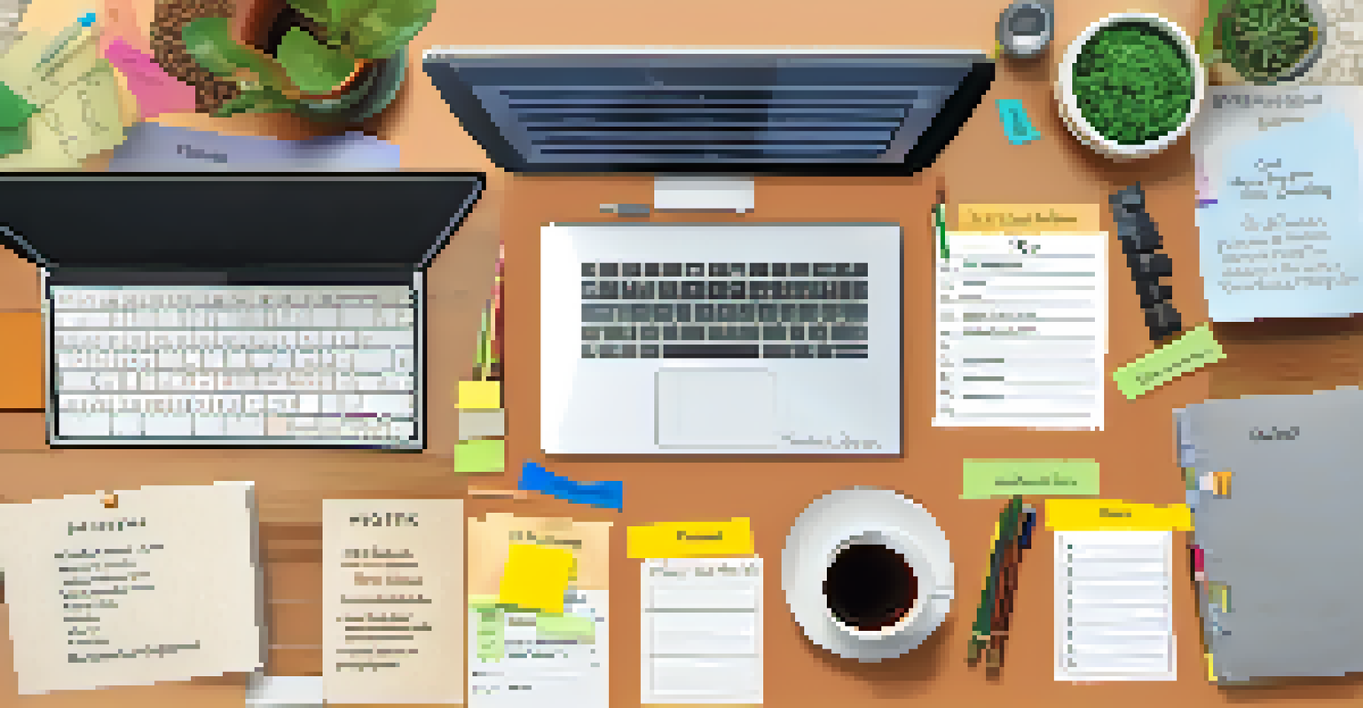 An organized desk with a learning plan, sticky notes, a laptop, and a cup of tea, illustrating the preparation for self-directed learning.